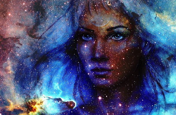 Beautiful Painting Goddess Woman and  Color space background with stars